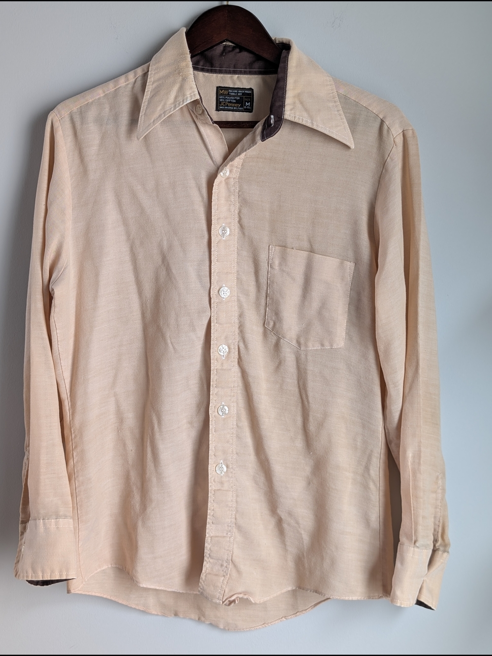 VTG 70s JCPenney MW Shirt Mens Medium Tan Butterfly Collar Contrast Disco Boho - Picture 2 of 15